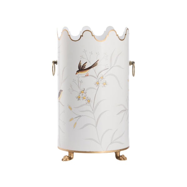 Chelsea House Aviary Hand-Painted Cream Umbrella Stand With Bird & Floral Motif, Gold Paw Feet, Scalloped Top Handles 381653