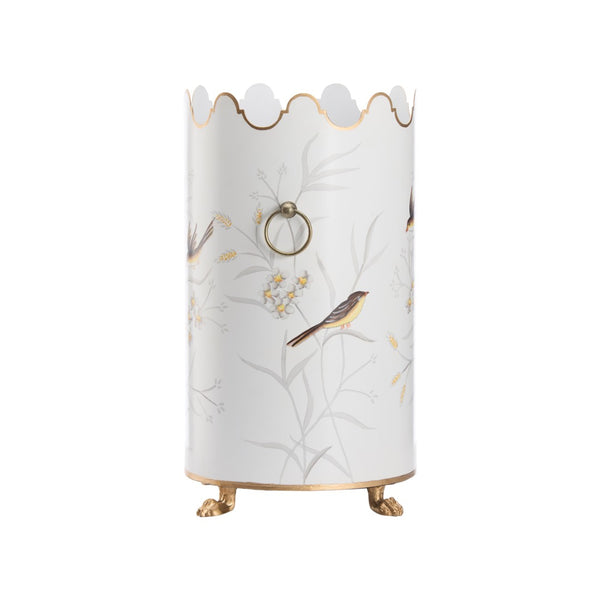 Chelsea House Aviary Hand-Painted Cream Umbrella Stand With Bird & Floral Motif, Gold Paw Feet, Scalloped Top Handles 381653
