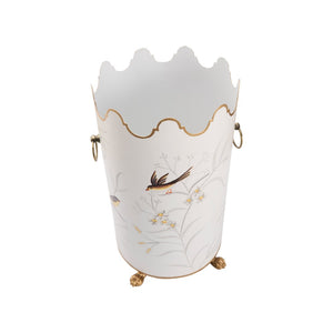 Chelsea House Aviary Hand-Painted Cream Umbrella Stand With Bird & Floral Motif, Gold Paw Feet, Scalloped Top Handles 381653