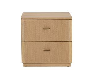 Sunpan Etienne Nightstand: Elegant Linear Design with Antique Brass Handles & Unique Wood Character Elements Rustic Oak