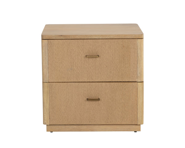 Sunpan Etienne Nightstand: Elegant Linear Design with Antique Brass Handles & Unique Wood Character Elements Rustic Oak