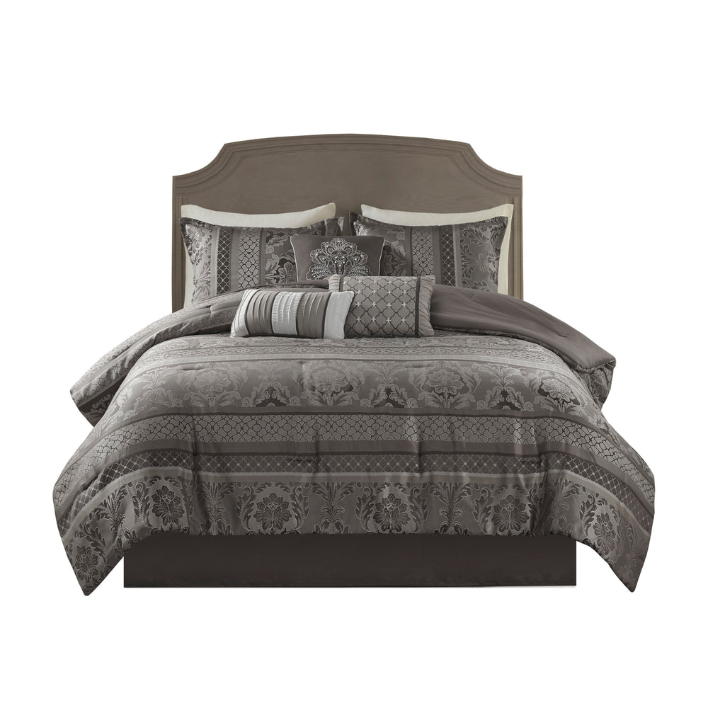 English Elm 7 Madison Park Bellagio Jacquard Comforter Set Cal King - Luxe Grey Leaf, Stripe & Ironwork Design, 7pc B03597024