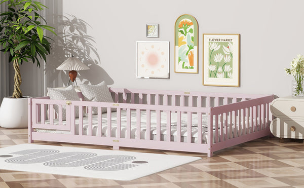 English Elm Queen Rubber Wood Floor Bed with Full Perimeter Safety Fence and Hinged Access Door Pink W504P429344