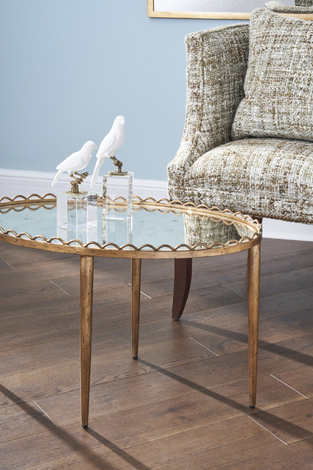 Chelsea House Notting Hill Cocktail Table — Antique Gold Leaf Oval Coffee Table With Mirrored Top & Scalloped Edge Glam 381703