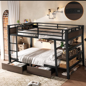 English Elm Full Size Metal Loft Bed with Stair Storage Shelves Bookshelf for Dorms Bedroom W1580S00347