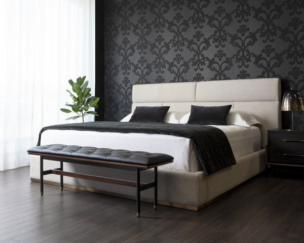 Sunpan Staten Bench - Mid-Century Modern Design with Button Tufting, Walnut Frame & Brass Accents, Black