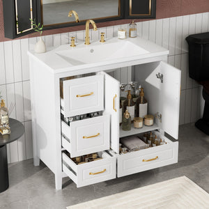 English Elm Christopher Knight Home® - 36" Freestanding Bathroom Vanity with Resin Sink, Soft-Close Doors & Drawers, Gold Alloy Handles, Spacious Storage and Easy Plumbing Access White N759P292552K
