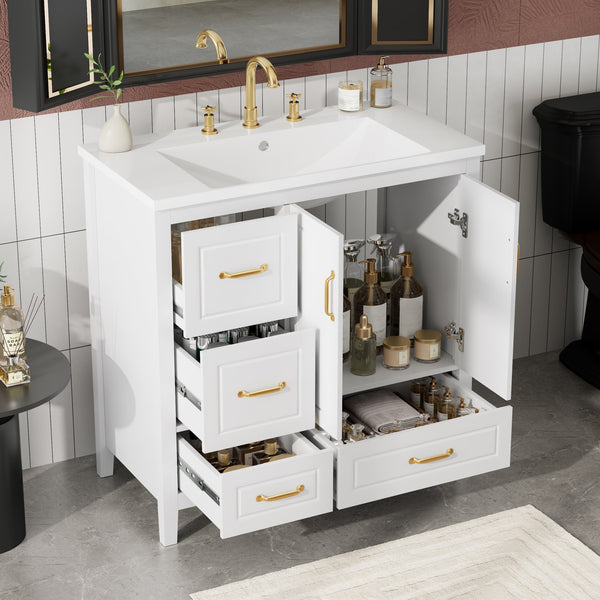 English Elm Christopher Knight Home® - 36" Freestanding Bathroom Vanity with Resin Sink, Soft-Close Doors & Drawers, Gold Alloy Handles, Spacious Storage and Easy Plumbing Access White N759P292552K