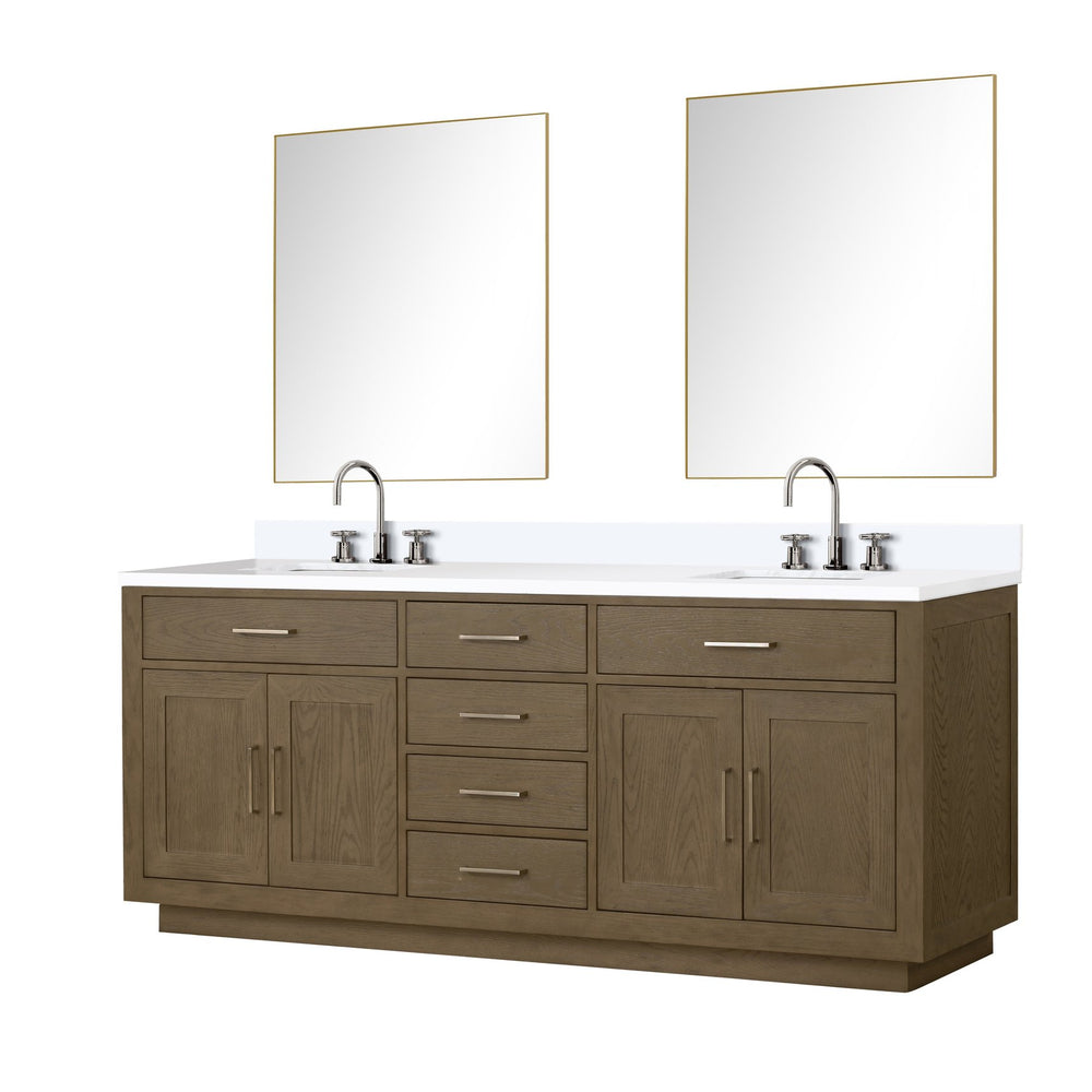 English Elm Grey Oak Double Bath Vanity Set With White Quartz Top, Faucets & Two 36” Mirrors For Modern Spaces B2731S01812