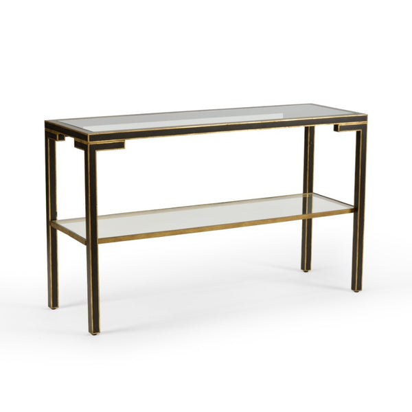 Chelsea House Decker Black Metal Console Table With Old Gold Trim, Tempered Glass Shelves For Hallway Decor 381874