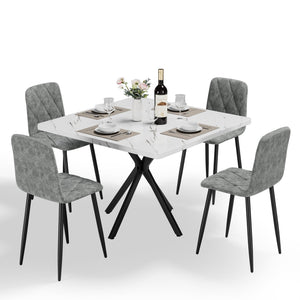 English Elm Square MDF Dining Set for 4 with Faux Marble Top, Mid-Century Modern Iron Legs, Easy-Clean Surface White+gray W578S00023