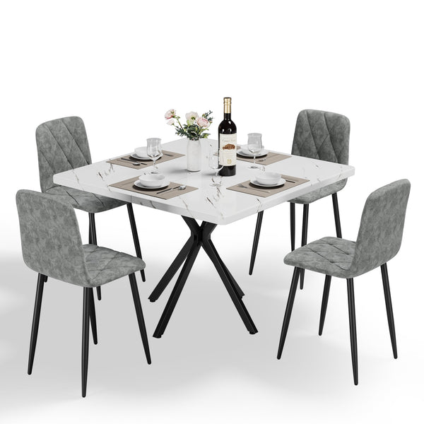 English Elm Square MDF Dining Set for 4 with Faux Marble Top, Mid-Century Modern Iron Legs, Easy-Clean Surface White+gray W578S00023