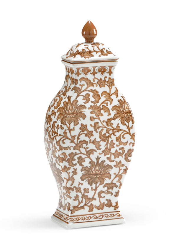 Chelsea House Nutmeg Covered Rectangular Vase With Removable Lid, Hand-Decorated White & Nutmeg Floral Motif, 15" 381891