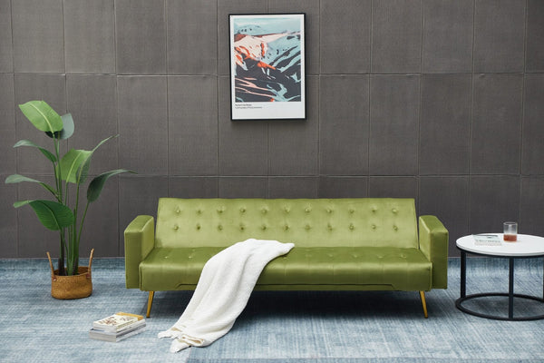 English Elm Sofa Bed Velvet Upholstered Convertible with Gold Metal Legs for Studio Spaces Army Green B205P246432
