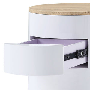 English Elm White White High Gloss and Natural 1-drawer Drum Nightstand with Smooth Manual-Close Drawer, Sleek Accent Piece B062P185684