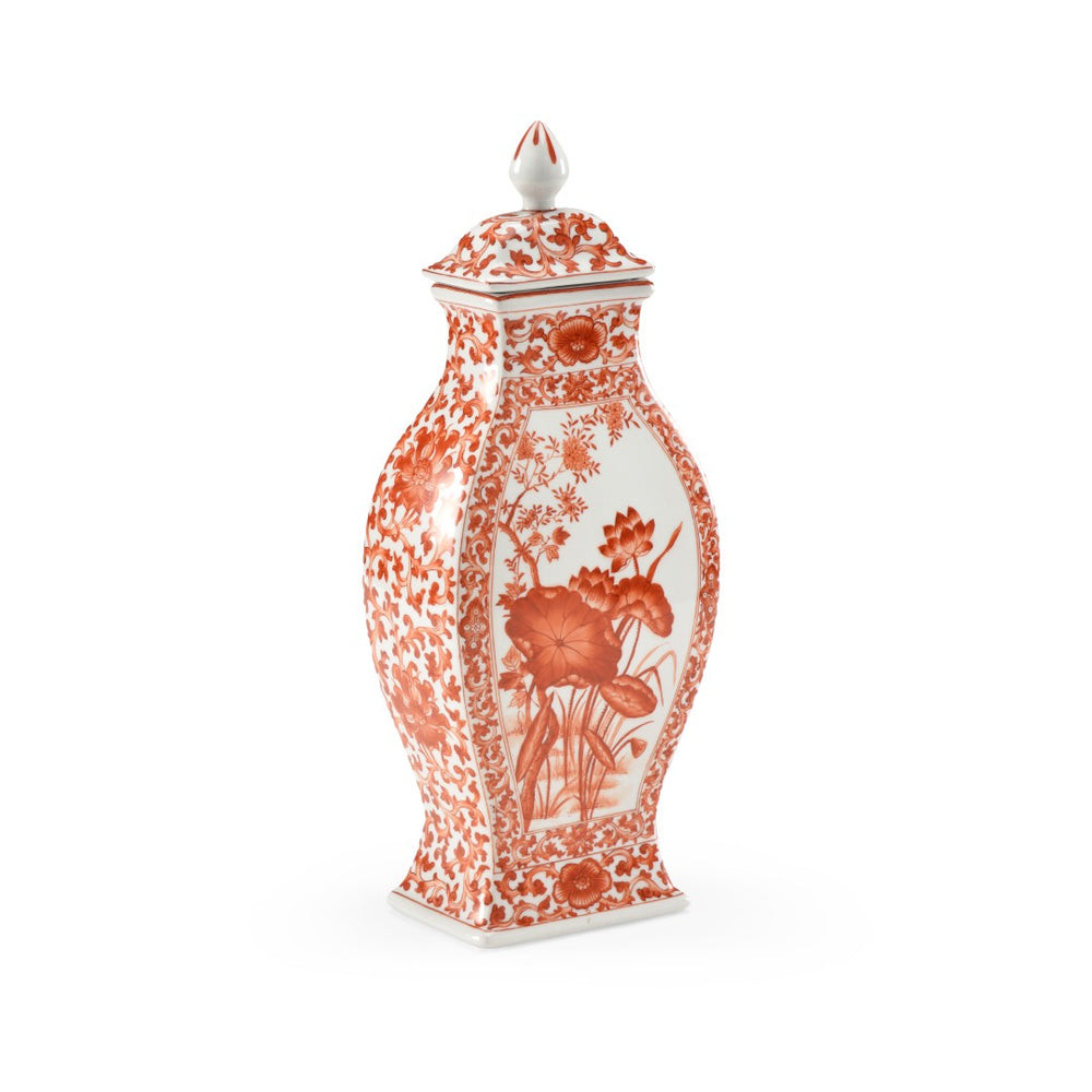 Chelsea House Covered Lotus Leaf Vase — Hand-Decorated Red Porcelain Accent, Sculpted Motif, 14.5" Tall Decorative Collectible Gift 381959