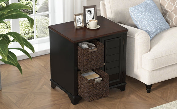 English Elm U Can Louvered End Table with Woven Grass Baskets Ottoman Legs Farmhouse Storage Black N724P401353B