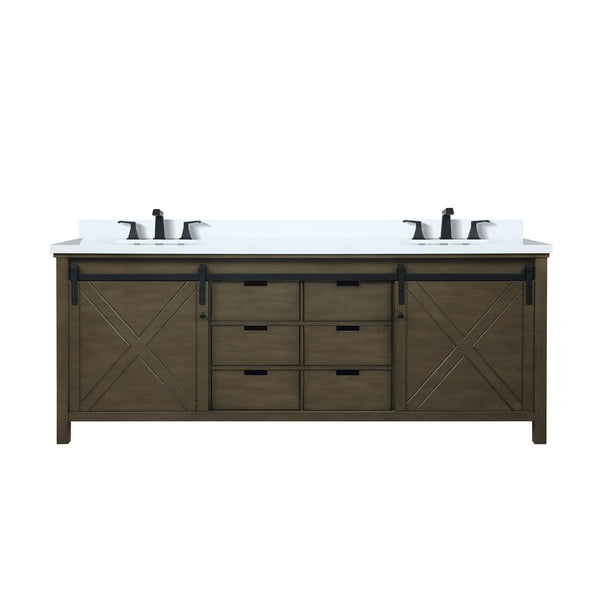 English Elm Rustic Brown Double Bath Vanity 84" W X 22" D, Stunning White Quartz Top & Matte Black Faucet Set B2731P260180-GIGA