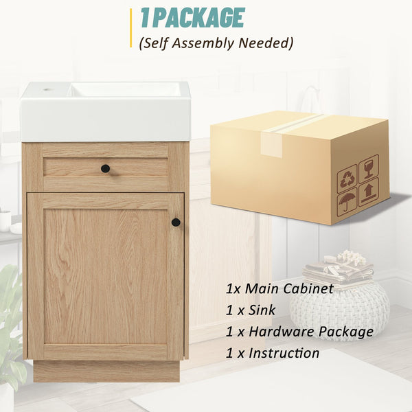 English Elm 18.5" Rustic Bathroom Vanity with Reversible Resin Sink, Wood Grain Melamine, Soft-Close Door, Adjustable Shelf N729P285512N