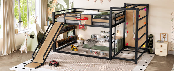 English Elm Twin Metal Loft Bed with Slide Basketball Hoop Climbing Wall and Built-in Shelves W1580S00632