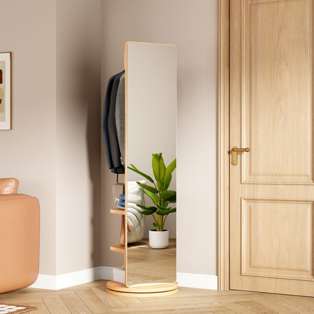 English Elm 360° Swivel Full Length Floor Mirror with Coat Hooks Rubberwood Stand Entryway Bedroom W2987P438044