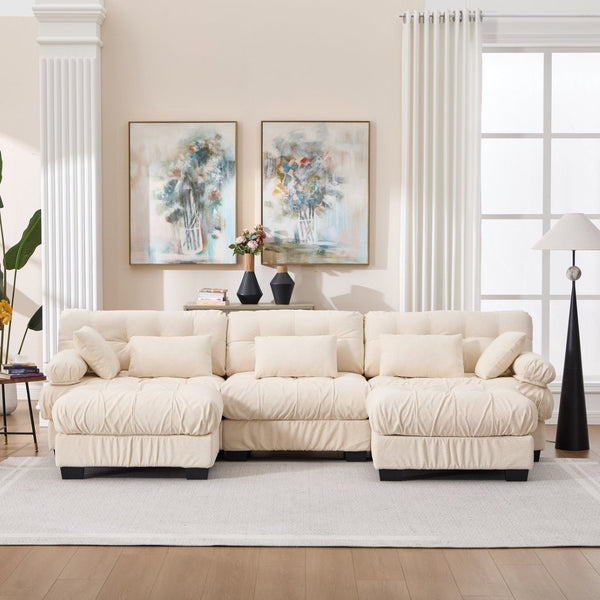 English Elm U Shaped Modular Cloud Sectional Deep Seat Flannelette Sofa with Rounded Bolster Armrests Beige W2120S00041
