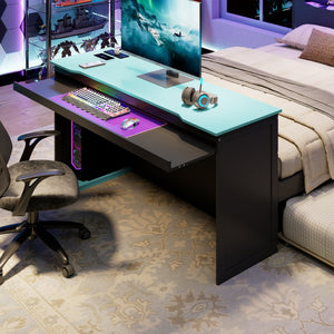 English Elm Full Size Wood Platform Daybed with Trundle Desk Rgb Led Lighting Gaming Bedroom Black+Blue LT000284AAC