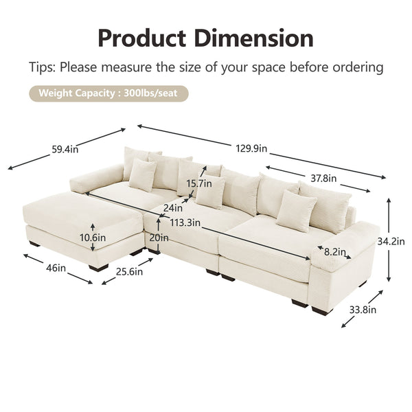 English Elm 130" Oversized Modular L-Shape Sectional Couch In Cream, Luxurious Corduroy, Ergonomic With Ottoman & 9 Pillows W714S01288