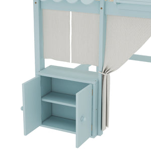 English Elm Twin Loft Bed Cottage-Style Playhouse with Built-In Bookshelf, Curtain & Storage, Safe Guardrails Light Blue W1580S00357