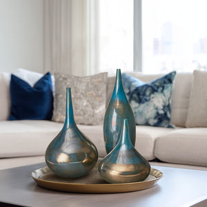 JLA Home Madison Park Signature - Blue Handcrafted Teal-Blue & Bronze Glass Vases Set of 3 — High-Gloss Sculptural Accents for Home Decor MPS162-248
