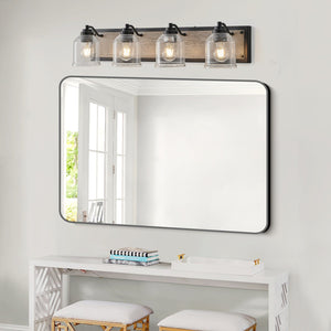 English Elm 32" Farmhouse Vanity Light Fixture - 4-Light Industrial Wall Sconce, Clear Seeded Glass, Black Wood Blend W2312P374827