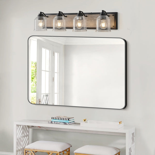 English Elm 32" Farmhouse Vanity Light Fixture - 4-Light Industrial Wall Sconce, Clear Seeded Glass, Black Wood Blend W2312P374827