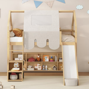 English Elm Twin House Loft Bed with Tent Canopy Slide and Shelves Pinewood Kids Frame Natural LT000682AAD