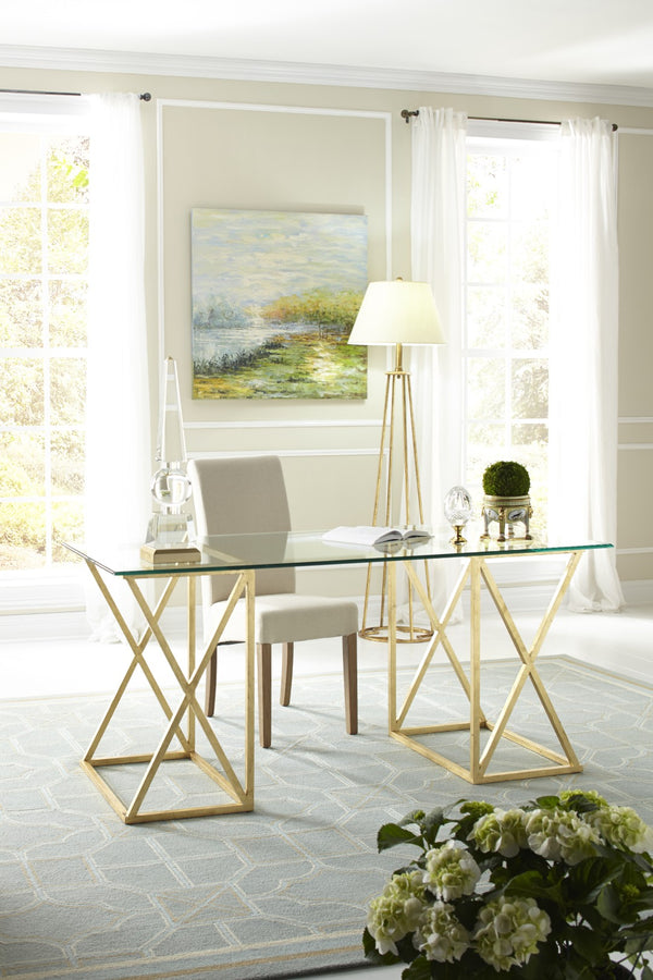 Chelsea House Gilt Desk By Lisa Kahn — Antique Gold Leaf Wrought Iron & Tempered Glass Top, Transitional Luxe Office 382028