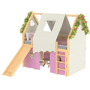 English Elm Full Size Pine Loft Bed with Slide Tent Panels Led Lights and Play Space Below W1580S00291