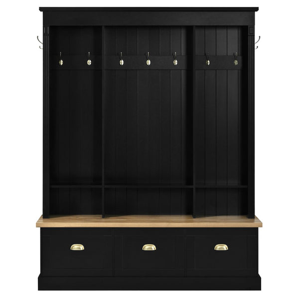 English Elm Farmhouse Hall Tree with Triple Arch Back Panel Eight Hooks Drawers and Entryway Bench Black N721S000062B