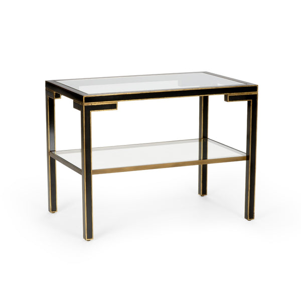Chelsea House Decker Modern Cocktail Table With Glass Top & Shelf, Black Wood, Gold Accents — Double-Tier Elegance 382111