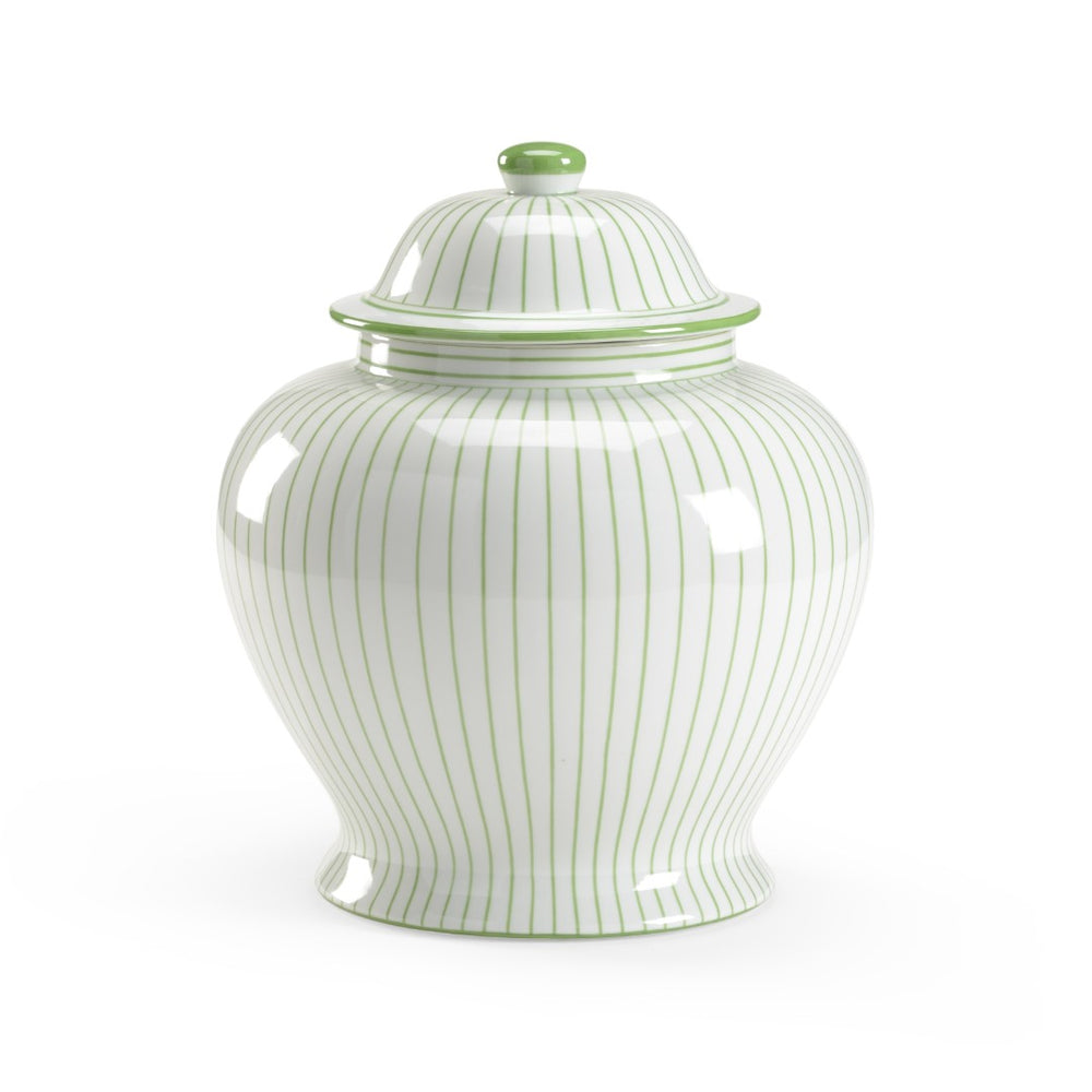 Chelsea House Castle Glazed Porcelain Urn With Removable Lid, Hand-Decorated Green Stripes, Coastal Accent 382128