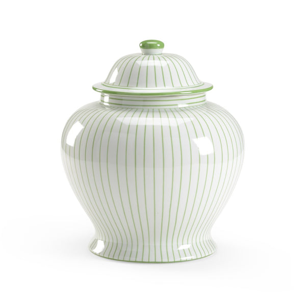 Chelsea House Castle Glazed Porcelain Urn With Removable Lid, Hand-Decorated Green Stripes, Coastal Accent 382128