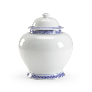 Chelsea House Greek Key Porcelain Covered Urn With Blue Meander Motif — 14" Decorative Jar For Mantels, Tablescape Elegance 382138