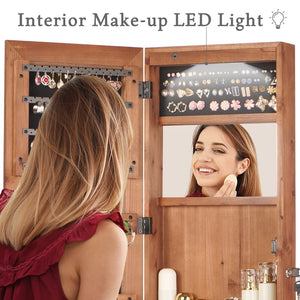 English Elm Solid Wood Wall Mounted Jewelry Armoire with Led Lighting Auto Activated Mirror Cabinet Brown W2640P356585