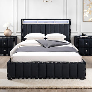 English Elm Beautiful Upholstered Full Bed with Led Lighting Storage Shelves and Channel Tufted Headboard Black B2741S00768
