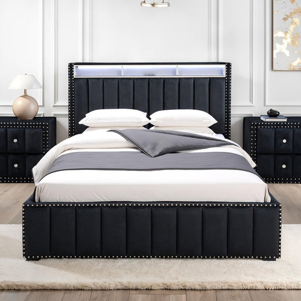 English Elm Beautiful Upholstered Full Bed with Led Lighting Storage Shelves and Channel Tufted Headboard Black B2741S00768