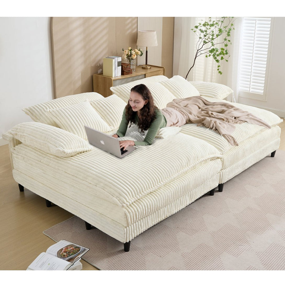 English Elm [NEW Oversized Double Lounge Chaise Sofa Bed with 4-Gear Adjustable Backrest, Corduroy, Deep Seat, Pillows Green W1628S00019
