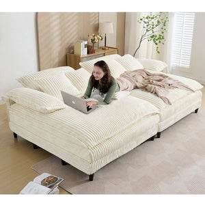 English Elm [NEW Oversized Double Lounge Chaise Sofa Bed with 4-Gear Adjustable Backrest, Corduroy, Deep Seat, Pillows Beige W1628S00020