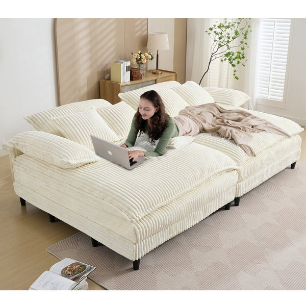 English Elm [NEW Oversized Double Lounge Chaise Sofa Bed with 4-Gear Adjustable Backrest, Corduroy, Deep Seat, Pillows Beige W1628S00020