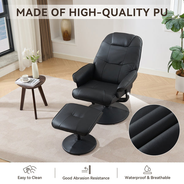 English Elm 011-Massage Recliner Chair with Ottoman, 360° Swivel PU Leather, 5-Point Vibration Massage, Heated Seat, 140° Backrest Comfort Black W2636P262429