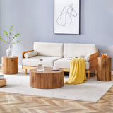 Modern Minimalist Set of 3 Wood Color Cylinder Marble-Patterned MDF Coffee Tables. Versatile Design for Various Interiors.