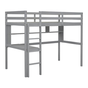 English Elm Twin Loft Bed with Built-In Desk and Bookcase, Pine Frame, Safety Guardrail, Ladder for Study Space Grey W504P181852