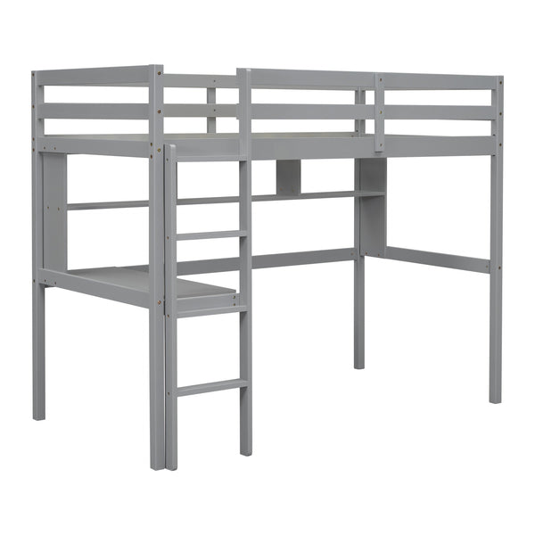 English Elm Twin Loft Bed with Built-In Desk and Bookcase, Pine Frame, Safety Guardrail, Ladder for Study Space Grey W504P181852